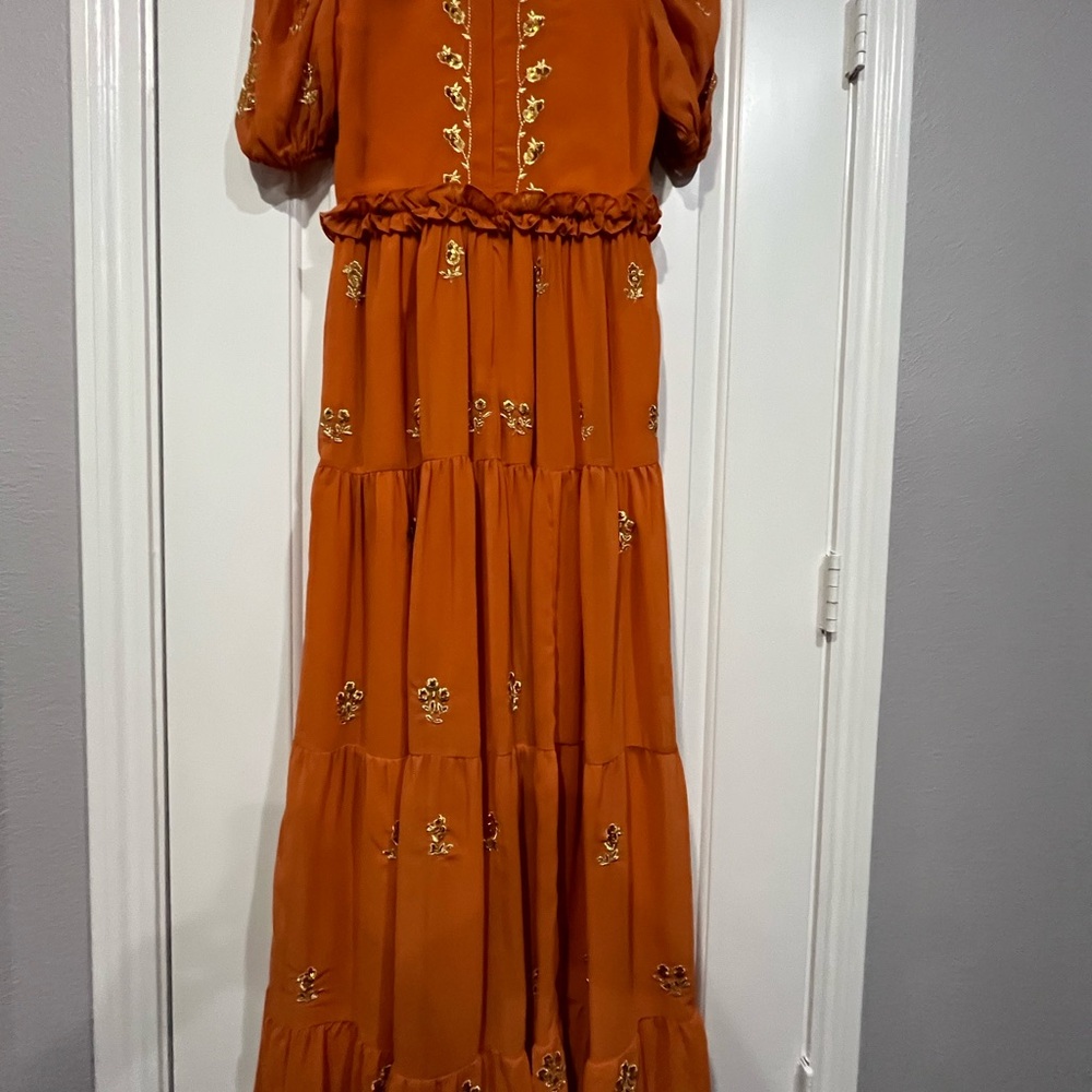 Ivy City Co "FOLKLORE" Maxi Dress Orange with Gold Embroidery - Picture 3 of 4